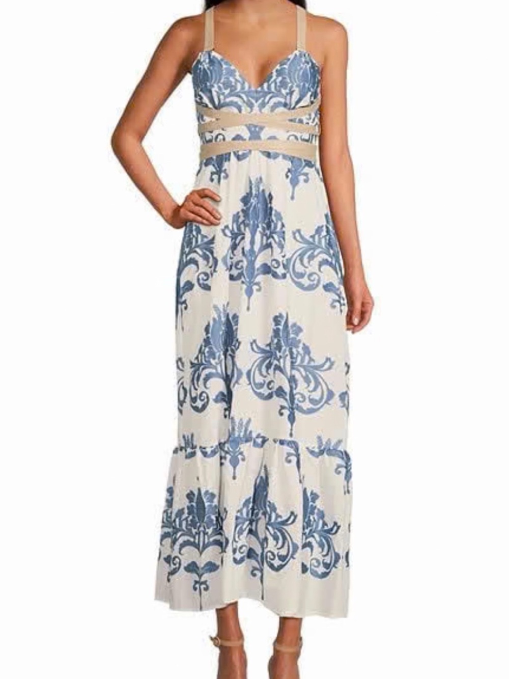 Cream Maxi Dress with Blue Ornamental Print and Tie Waist